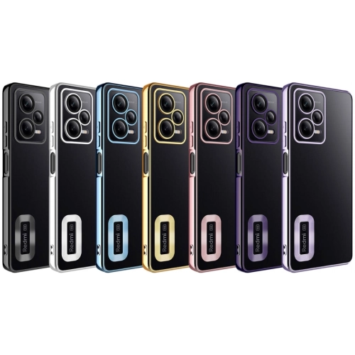 Xiaomi Redmi Note 12 Pro Kılıf Kamera Lens Korumalı Şeffaf Renkli Logo Gösteren Parlak Kapak - Gold