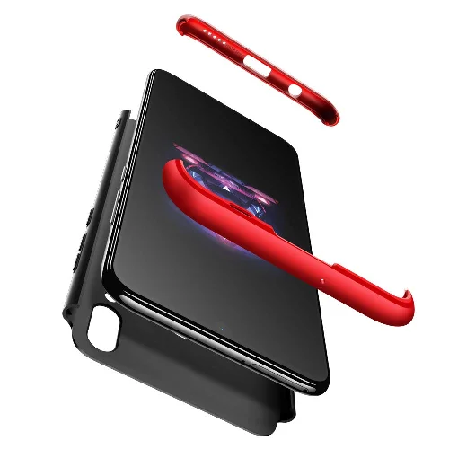 Xiaomi Redmi Note 7 Kılıf 3 Parçalı 360 Tam Korumalı Rubber AYS Kapak  - Kırmızı - Siyah
