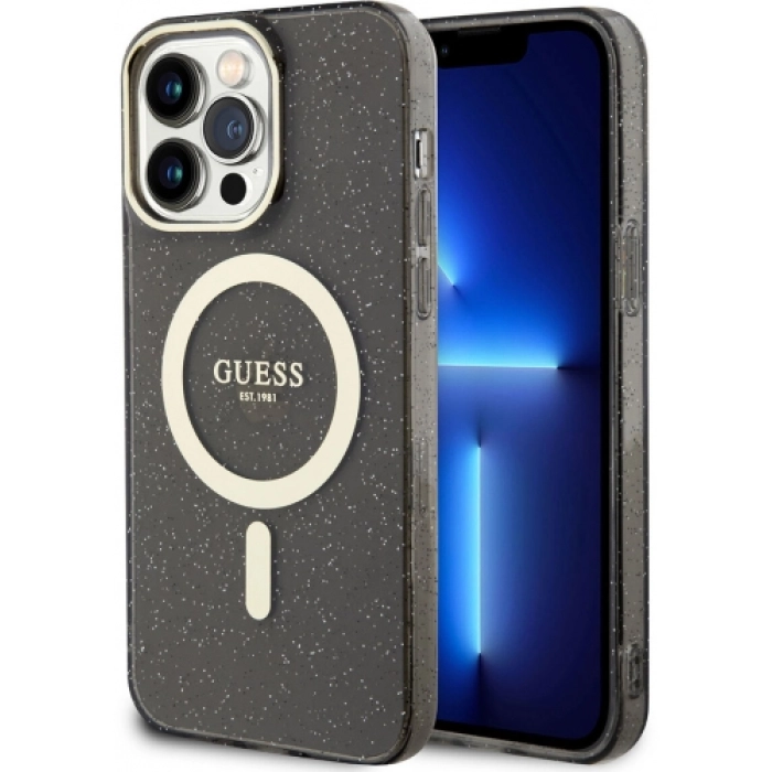 Apple iPhone 13 Pro (6.1) Uyumlu Kılıf GUESS Magsafe Şarj Özellikli Glitter Kapak - Siyah