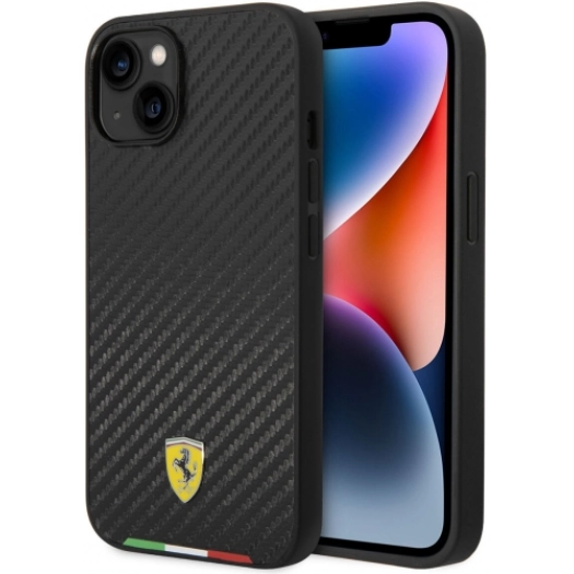 Apple iPhone 14 (6.1) Uyumlu Kılıf Ferrari Magsafe Şarj Özellikli Karbon İtalyan Bayrak Dizayn Kapak - Siyah