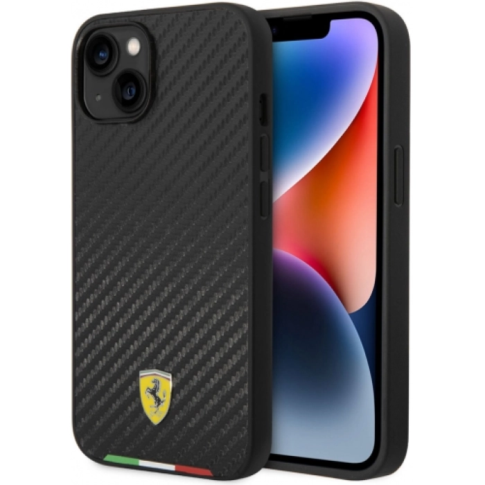 Apple iPhone 14 (6.1) Uyumlu Kılıf Ferrari Magsafe Şarj Özellikli Karbon İtalyan Bayrak Dizayn Kapak - Siyah