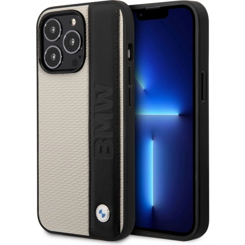 Apple iPhone 14 Pro (6.1) Uyumlu Kılıf BMW Deri Dokulu Çizgili Dizayn Kapak - Krem