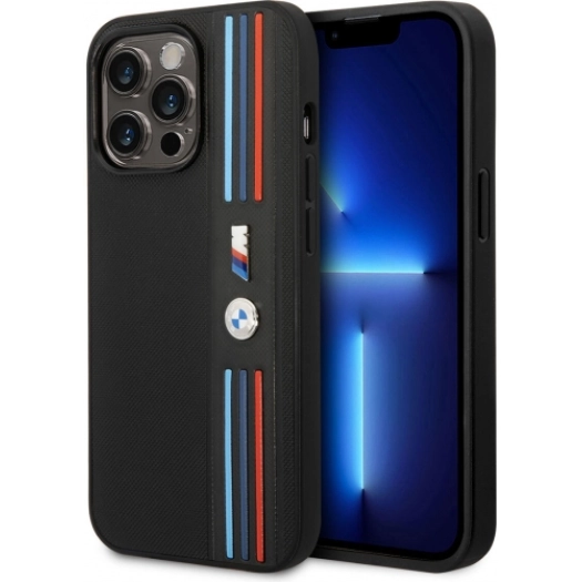 Apple iPhone 14 Pro (6.1) Uyumlu Kılıf BMW PU Deri 3 Renkli Çizgili Örgü Dizayn Kapak - Siyah