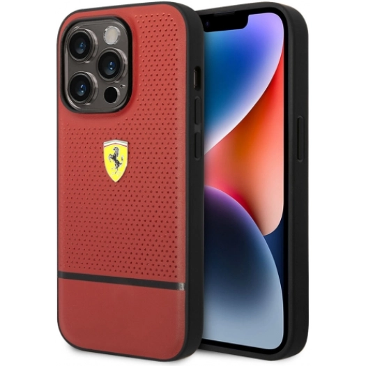Apple iPhone 14 Pro (6.1) Uyumlu Kılıf Ferrari Deri Delikli Ve Çizgili Dizayn Kapak - Kırmızı