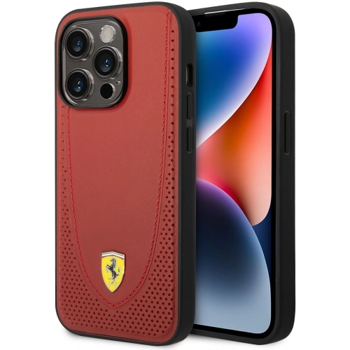 Apple iPhone 14 Pro (6.1) Uyumlu Kılıf Ferrari Magsafe Şarj Özellikli Deri Delikli Dikişli Dizayn Kapak - Kırmızı