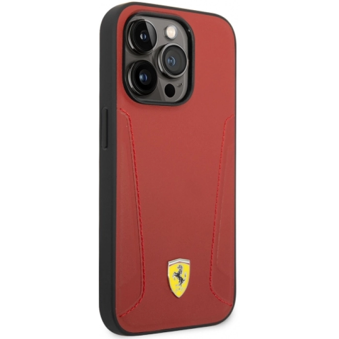 Apple iPhone 14 Pro (6.1) Uyumlu Kılıf Ferrari Magsafe Şarj Özellikli Deri Kenarları Damgalı Dizayn Kapak - Kırmızı