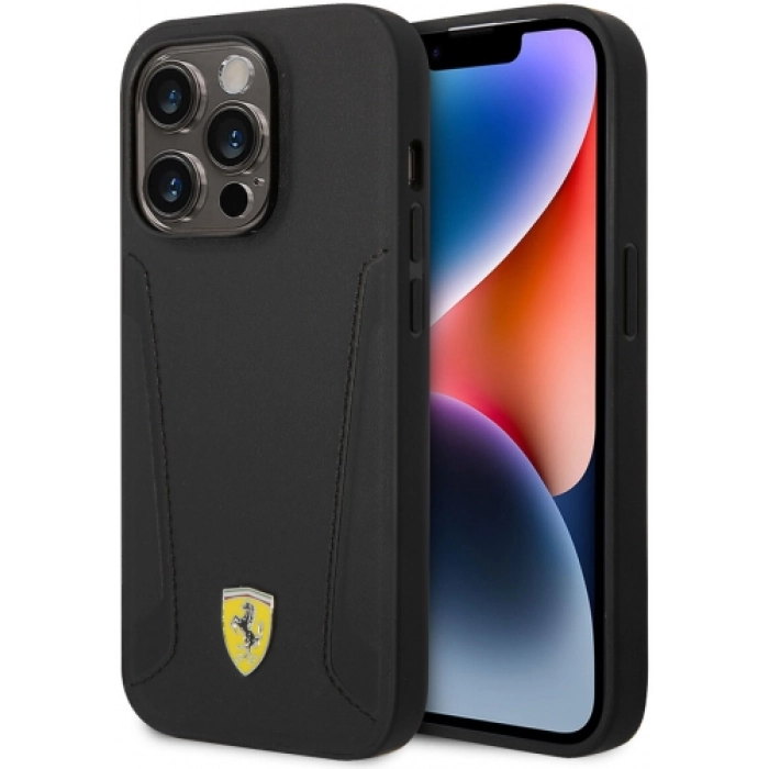 Apple iPhone 14 Pro (6.1) Uyumlu Kılıf Ferrari Magsafe Şarj Özellikli Deri Kenarları Damgalı Dizayn Kapak - Siyah
