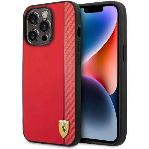Apple iPhone 14 Pro (6.1) Uyumlu Kılıf Ferrari Magsafe Şarj Özellikli PU Deri Karbon Şeritli Dizayn Kapak - Kırmızı