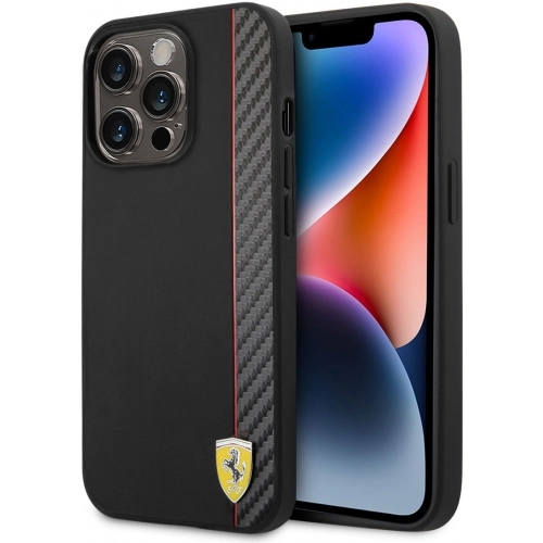 Apple iPhone 14 Pro (6.1) Uyumlu Kılıf Ferrari Magsafe Şarj Özellikli Pu Deri Ve Karbon Şeritli Dizayn Kapak - Siyah