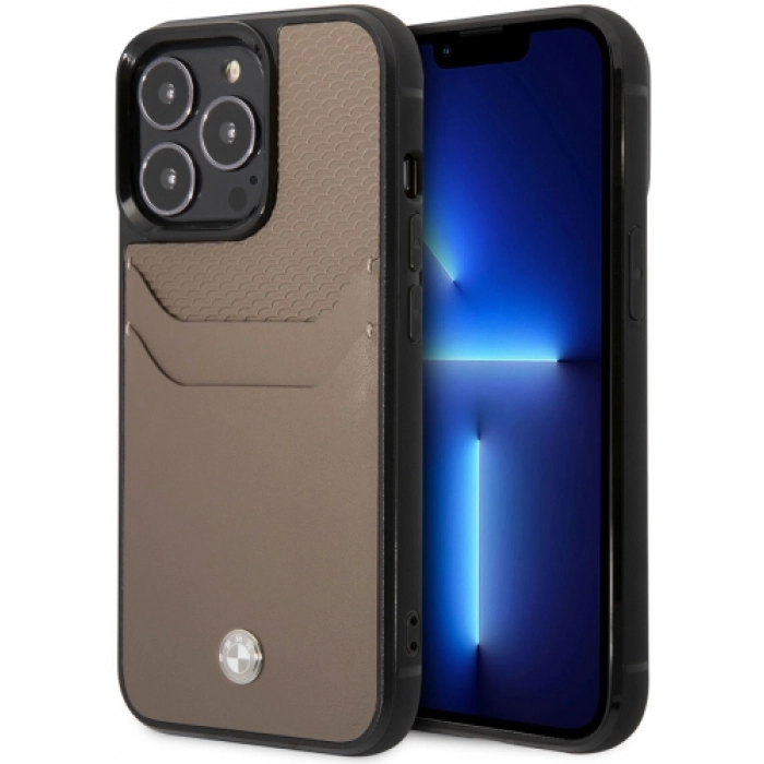 Apple iPhone 14 Pro Max (6.7) Uyumlu Kılıf BMW Deri Kartlıklı Dizayn Kapak - Kahverengi