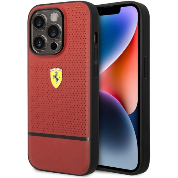 Apple iPhone 14 Pro Max (6.7) Uyumlu Kılıf Ferrari Deri Delikli Ve Çizgili Dizayn Kapak - Kırmızı