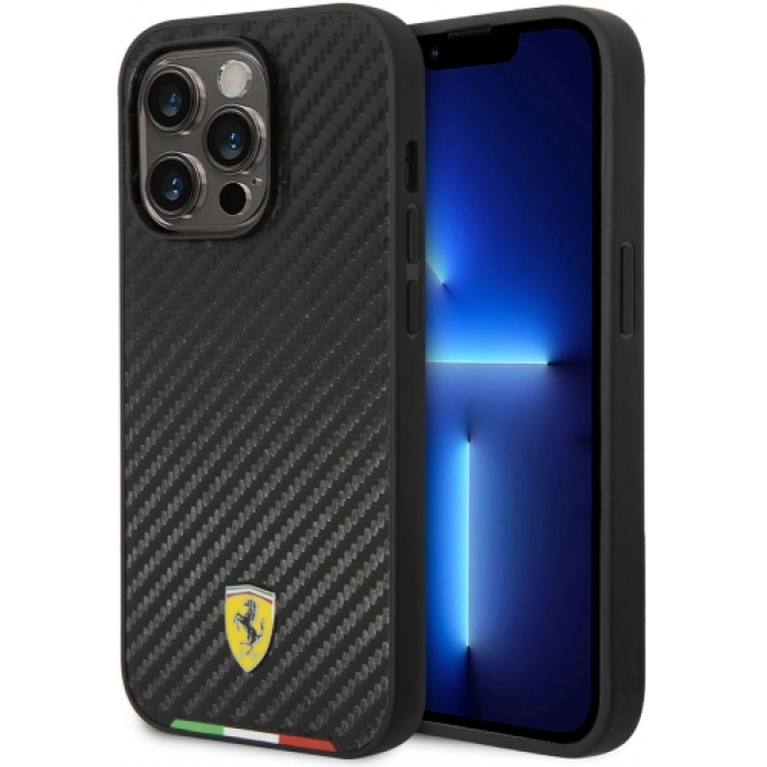 Apple iPhone 14 Pro Max (6.7) Uyumlu Kılıf Ferrari Magsafe Şarj Özellikli Karbon İtalyan Bayrak Dizayn Kapak - Siyah