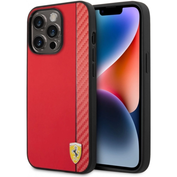 Apple iPhone 14 Pro Max (6.7) Uyumlu Kılıf Ferrari Magsafe Şarj Özellikli PU Deri Karbon Şeritli Dizayn Kapak - Kırmızı