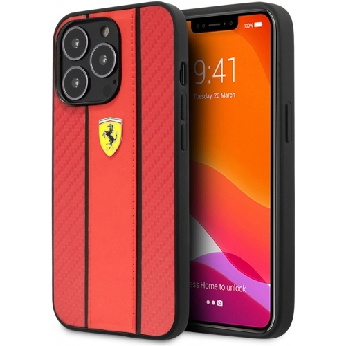 Apple iPhone 14 Pro Max (6.7) Uyumlu Kılıf Ferrari PU Deri Ve Karbon Dizayn Kapak - Kırmızı