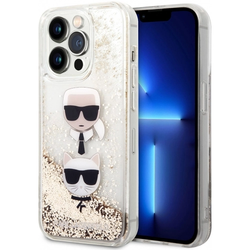 Apple iPhone 14 Pro Max (6.7) Uyumlu Kılıf Karl Lagerfeld Sıvılı Simli K&C Head Dizayn Kapak - Gold