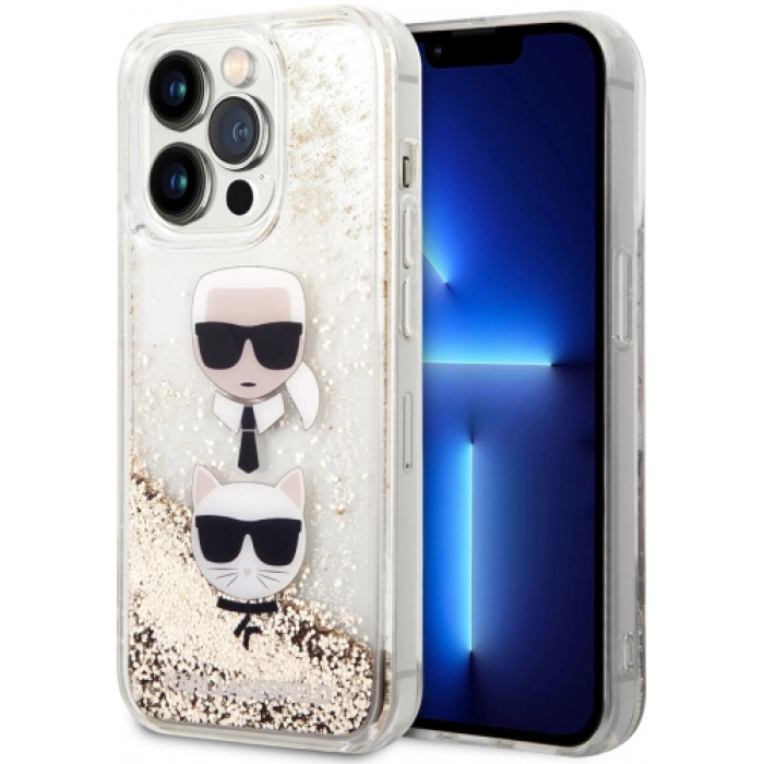 Apple iPhone 14 Pro Max (6.7) Uyumlu Kılıf Karl Lagerfeld Sıvılı Simli K&C Head Dizayn Kapak - Gold