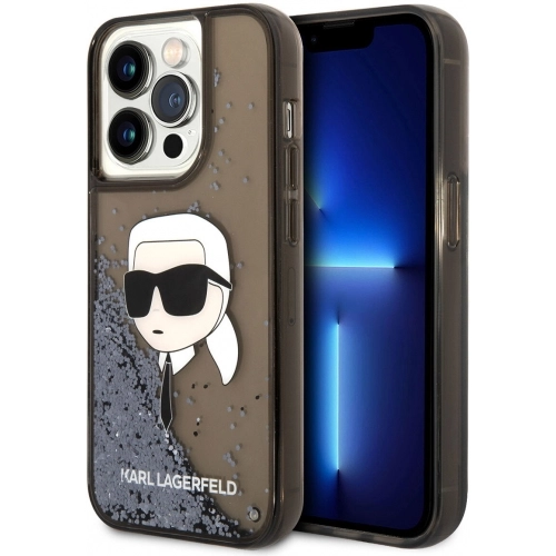 Apple iPhone 14 Pro Max (6.7) Uyumlu Kılıf Karl Lagerfeld Sıvılı Simli Karl Head Dizayn Kapak - Siyah