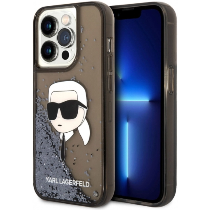 Apple iPhone 14 Pro Max (6.7) Uyumlu Kılıf Karl Lagerfeld Sıvılı Simli Karl Head Dizayn Kapak - Siyah