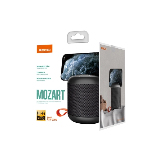 Wireless Bluetooth Speaker Hoparlör Recci RSK-W09 Mozart Serisi Hi-Fi Telefon Tutuculu 1200mAh Siyah - Siyah
