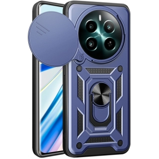 Realme 12 Plus Kılıf Zırhlı Standlı Silikon Sürgülü Kamera Korumalı Tank Kapak - Mavi