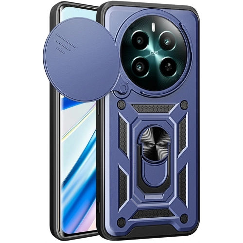 Realme 12 Plus Kılıf Zırhlı Standlı Silikon Sürgülü Kamera Korumalı Tank Kapak - Mavi