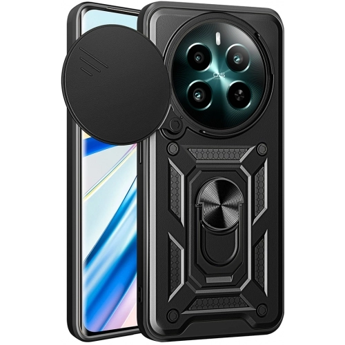 Realme 12 Plus Kılıf Zırhlı Standlı Silikon Sürgülü Kamera Korumalı Tank Kapak - Siyah
