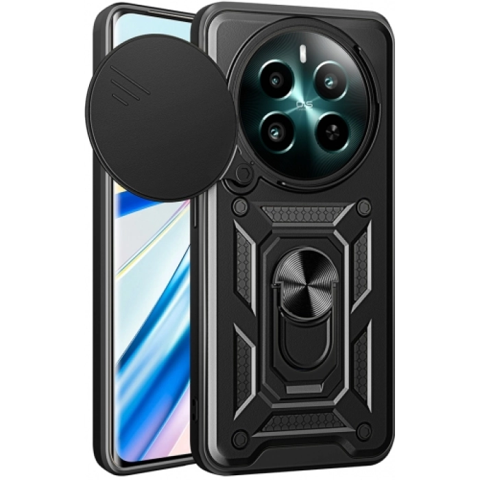 Realme 12 Plus Kılıf Zırhlı Standlı Silikon Sürgülü Kamera Korumalı Tank Kapak - Siyah