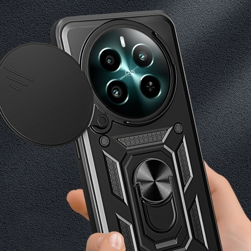 Realme 12 Plus Kılıf Zırhlı Standlı Silikon Sürgülü Kamera Korumalı Tank Kapak - Siyah