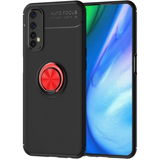 Realme 7 Kılıf Renkli Silikon Yüzüklü Standlı Auto Focus Ravel Kapak - Kırmızı - Siyah