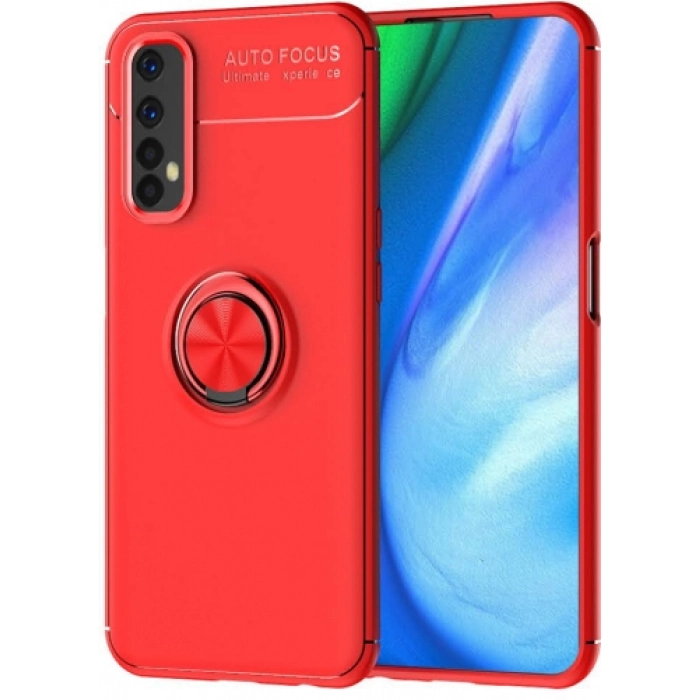 Realme 7 Kılıf Renkli Silikon Yüzüklü Standlı Auto Focus Ravel Kapak - Kırmızı
