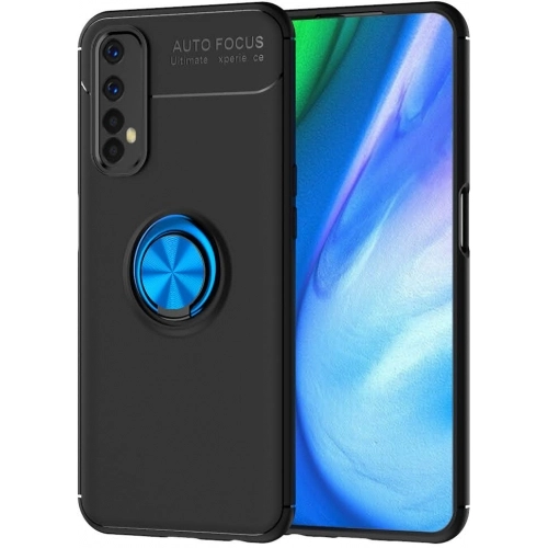 Realme 7 Kılıf Renkli Silikon Yüzüklü Standlı Auto Focus Ravel Kapak - Mavi - Siyah