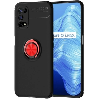 Realme 7 Pro Kılıf Renkli Silikon Yüzüklü Standlı Auto Focus Ravel Kapak - Kırmızı - Siyah