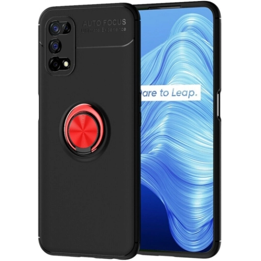 Realme 7 Pro Kılıf Renkli Silikon Yüzüklü Standlı Auto Focus Ravel Kapak - Kırmızı - Siyah