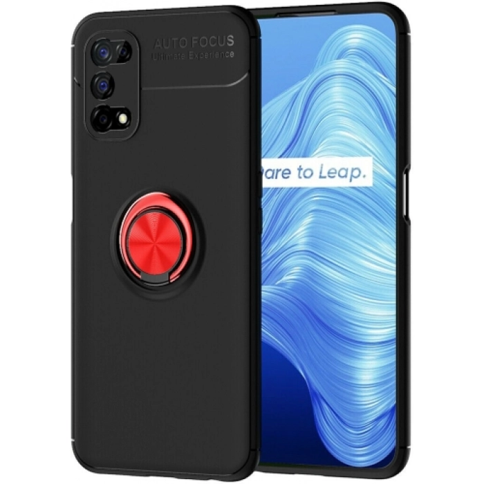 Realme 7 Pro Kılıf Renkli Silikon Yüzüklü Standlı Auto Focus Ravel Kapak - Kırmızı - Siyah