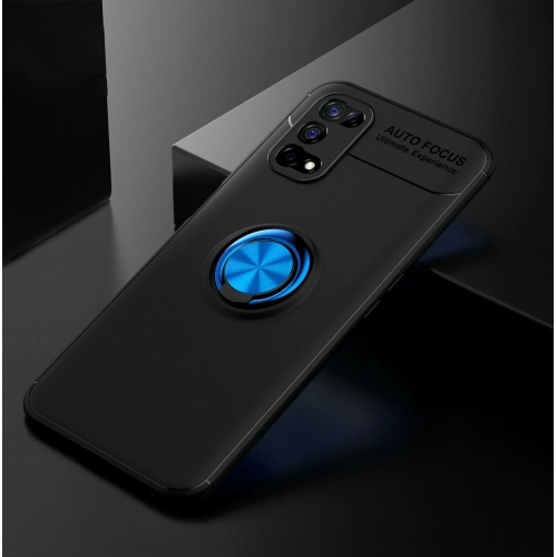 Realme 7 Pro Kılıf Renkli Silikon Yüzüklü Standlı Auto Focus Ravel Kapak - Mavi - Siyah