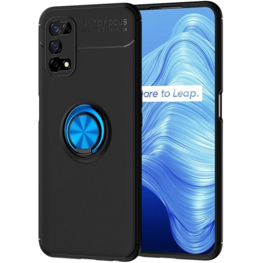 Realme 7 Pro Kılıf Renkli Silikon Yüzüklü Standlı Auto Focus Ravel Kapak - Mavi - Siyah