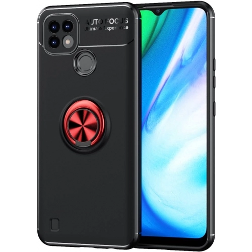 Realme C21 Kılıf Renkli Silikon Yüzüklü Standlı Auto Focus Ravel Kapak - Kırmızı - Siyah