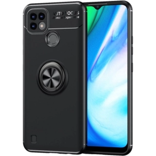 Realme C21 Kılıf Renkli Silikon Yüzüklü Standlı Auto Focus Ravel Kapak - Siyah