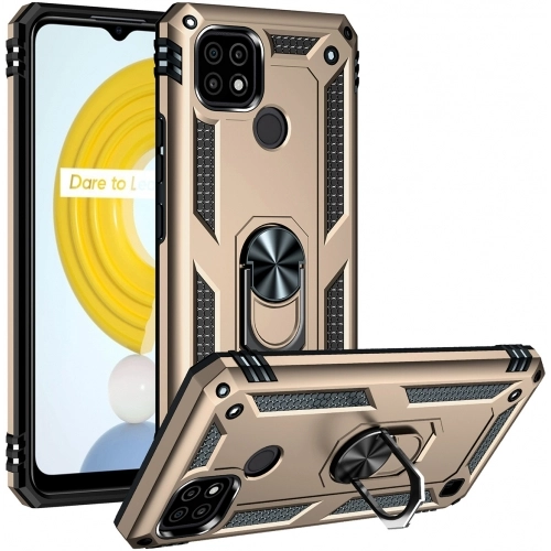 Realme C21 Kılıf Silikon Zırhlı Standlı Yüzüklü Mıknatıslı Tank Kapak - Gold