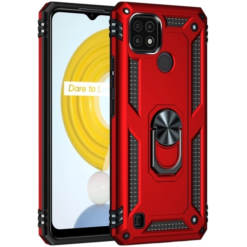 Realme C21 Kılıf Silikon Zırhlı Standlı Yüzüklü Mıknatıslı Tank Kapak - Kırmızı