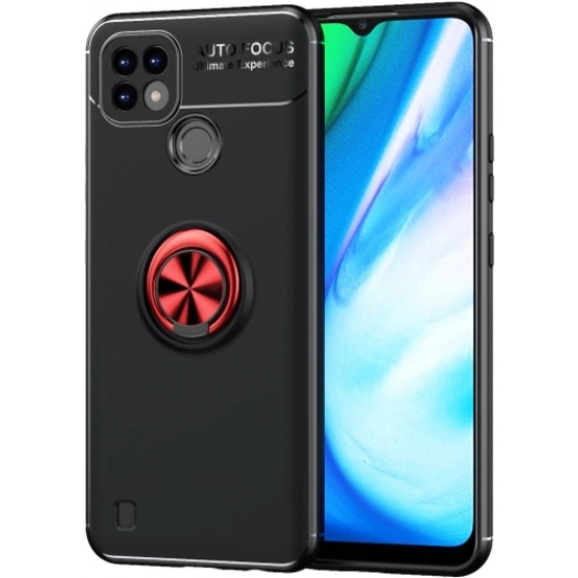Realme C25 Kılıf Renkli Silikon Yüzüklü Standlı Auto Focus Ravel Kapak - Kırmızı - Siyah