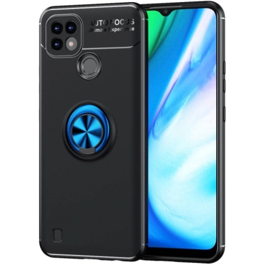 Realme C25 Kılıf Renkli Silikon Yüzüklü Standlı Auto Focus Ravel Kapak - Mavi - Siyah