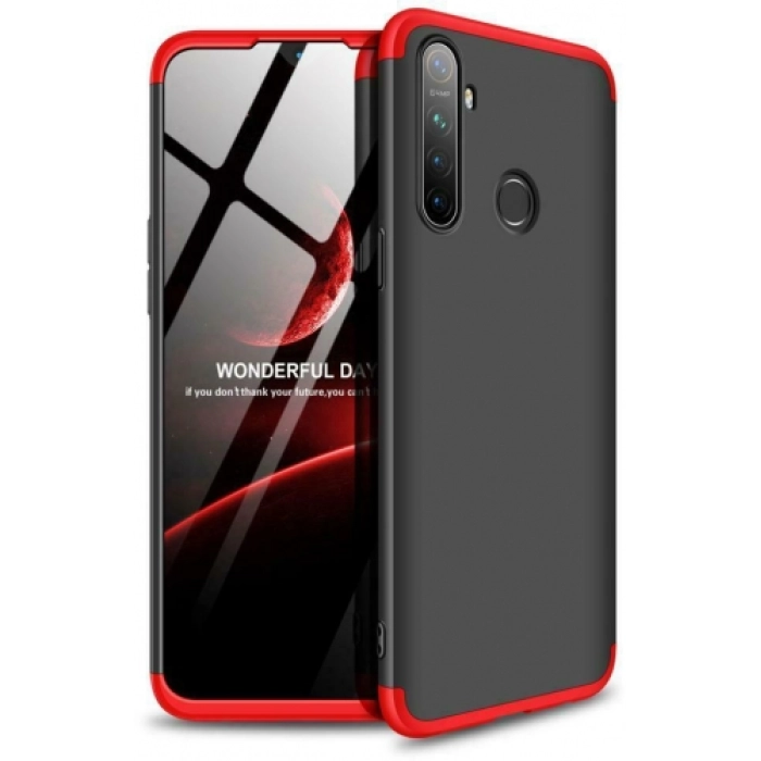 Realme C3 Kılıf 3 Parçalı 360 Tam Korumalı Rubber AYS Kapak  - Kırmızı - Siyah