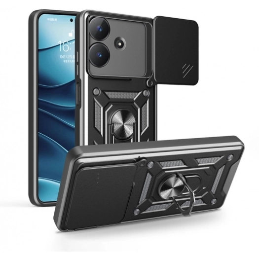 Realme Note 60 Kılıf Zırhlı Standlı Silikon Sürgülü Kamera Korumalı Tank Kapak - Siyah