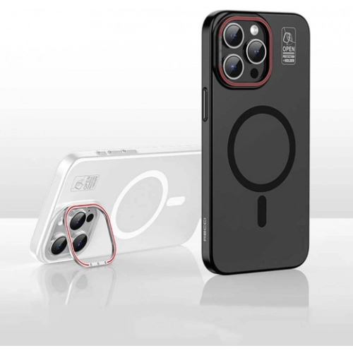 Recci Apple iPhone 15 Pro (6.1) Kılıf Magnetic Glass Serisi Standlı Magsafe Şarj Özellikli Kapak - Siyah