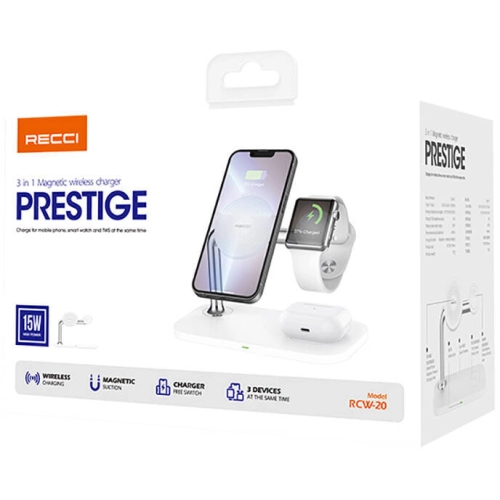 Recci RCW-20 Prestige Serisi 3in1 Magsafe 15W Hızlı Şarj Özellikli Magnetik Kablosuz Şarj Standı - Beyaz