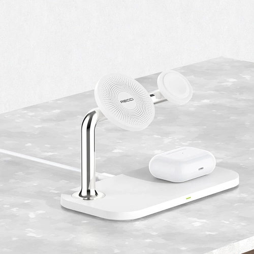Recci RCW-20 Prestige Serisi 3in1 Magsafe 15W Hızlı Şarj Özellikli Magnetik Kablosuz Şarj Standı - Beyaz
