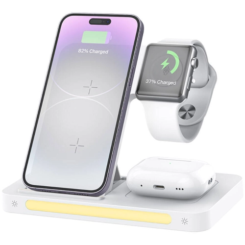 Recci RCW-31 4in1 Magsafe 15W Hızlı Şarj Özellikli LED Işıklı Magnetik Kablosuz Şarj Standı - Beyaz
