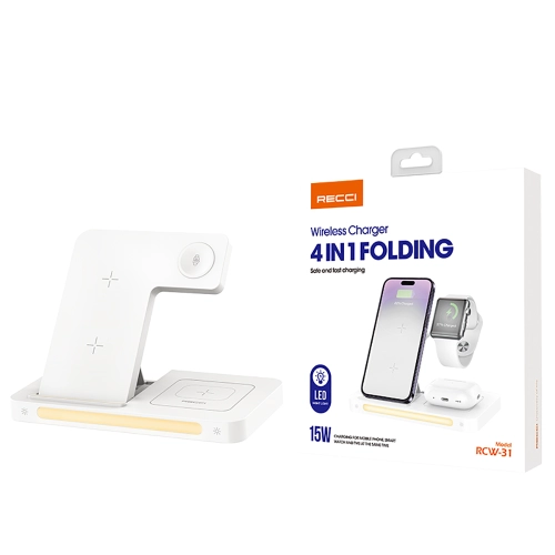 Recci RCW-31 4in1 Magsafe 15W Hızlı Şarj Özellikli LED Işıklı Magnetik Kablosuz Şarj Standı - Beyaz