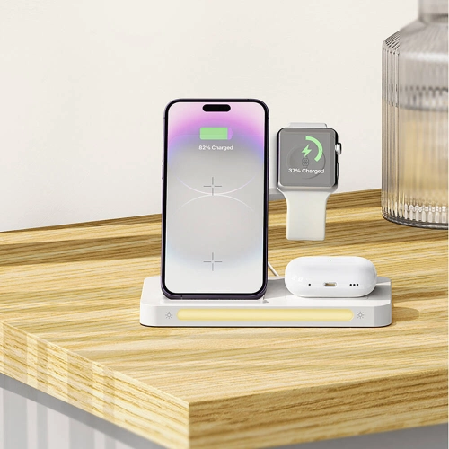 Recci RCW-31 4in1 Magsafe 15W Hızlı Şarj Özellikli LED Işıklı Magnetik Kablosuz Şarj Standı - Beyaz